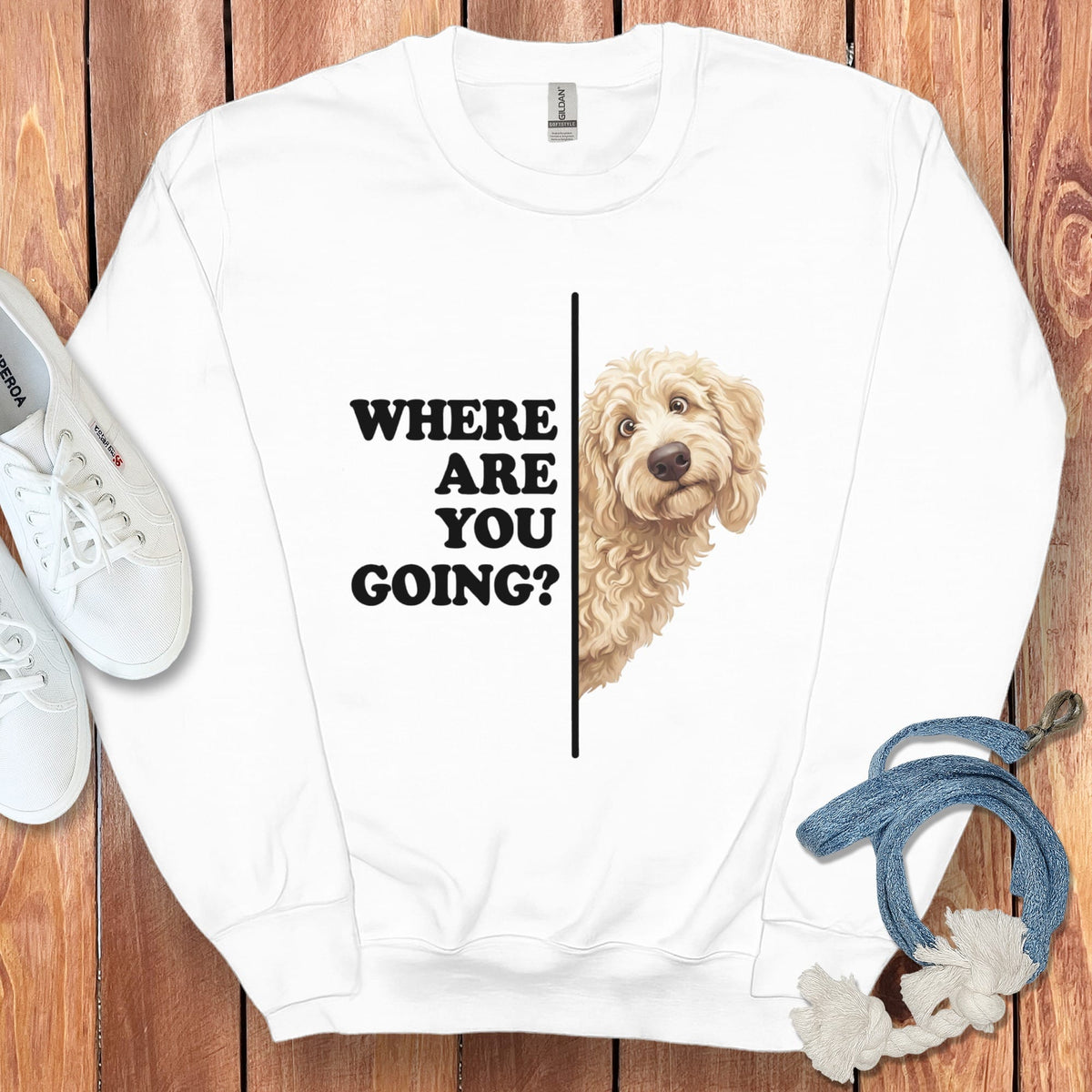 Where Going Cream Goldendoodle Sweatshirt in White / S by Puppy Jo