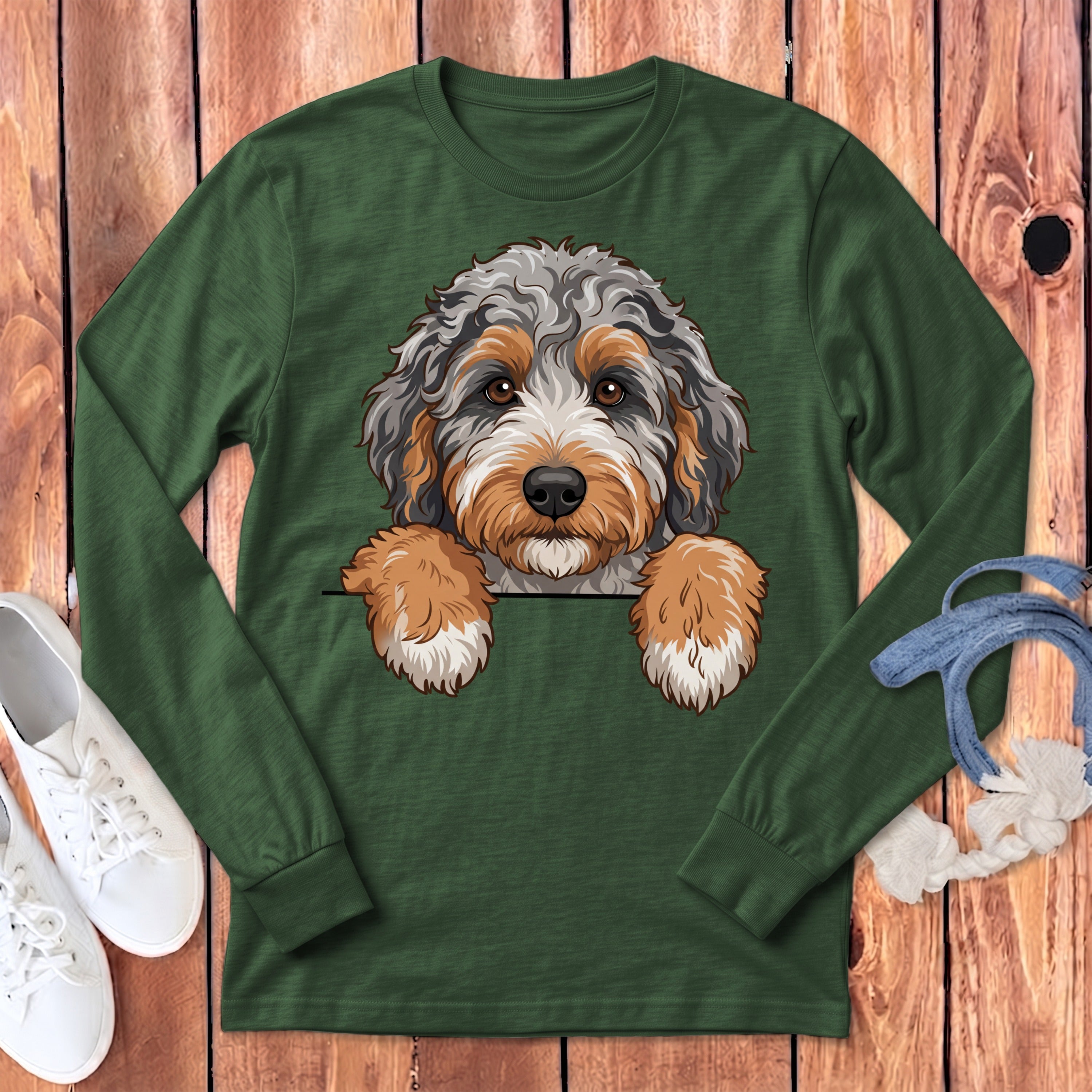 Green long-sleeve shirt featuring a cartoon doodle dog peeking over a pocket.
