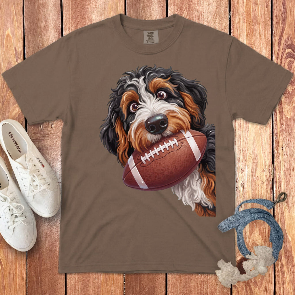 Bernese Mountain Dog with football in mouth on brown t-shirt.