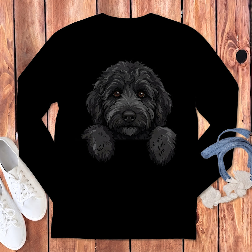 Black long-sleeve shirt with a doodle dog illustration peeking over the collar.