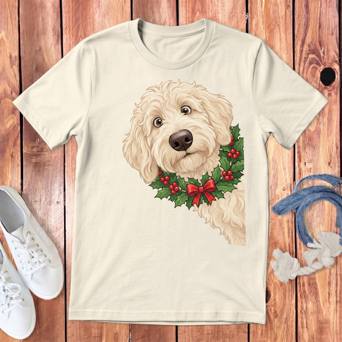 Cream t-shirt with a golden doodle wearing a holly wreath and red bow.