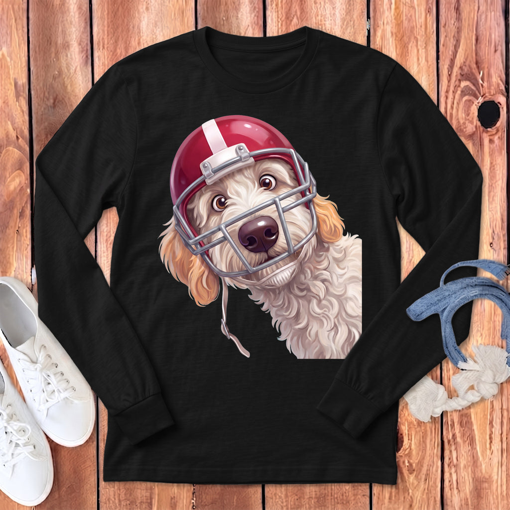 Black long-sleeve shirt with a white dog wearing a football helmet graphic.