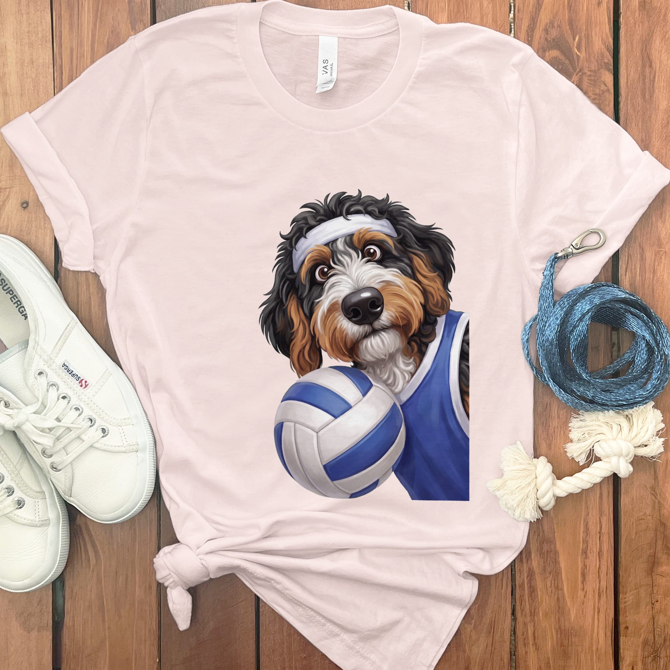 Bernedoodle Volleyball Player T-Shirt in Soft Pink / S by Puppy Jo