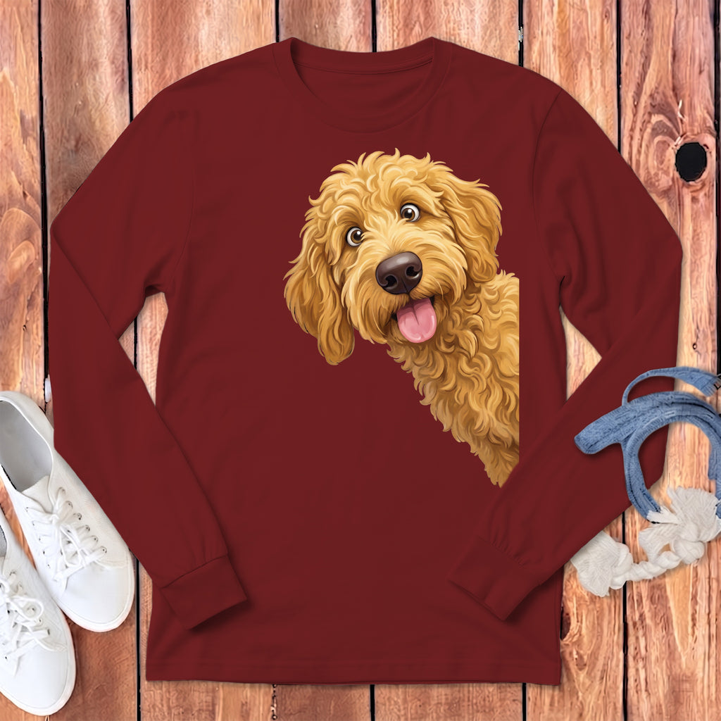 Maroon long-sleeve shirt with a playful doodle dog graphic peeking from the side.