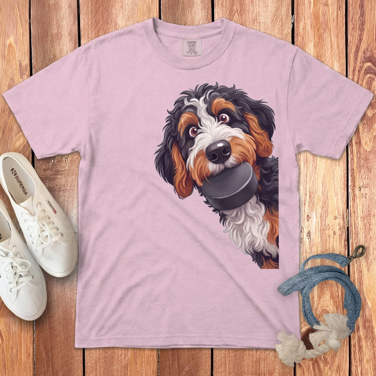 Bernedoodle Hockey Puck Signature T-Shirt in Blossom / S by Puppy Jo
