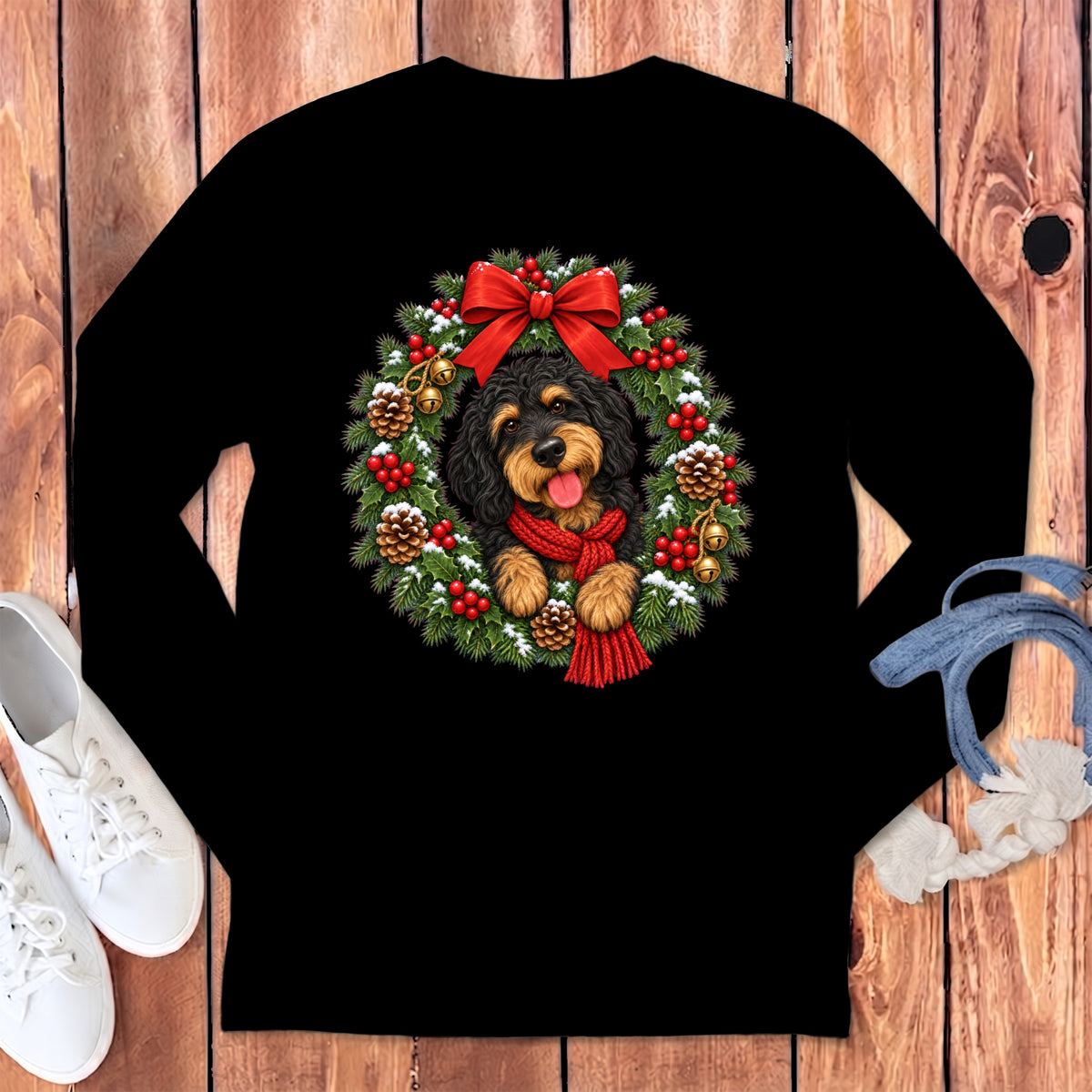 Black long-sleeved sweatshirt featuring a Christmas wreath graphic with a fluffy black and tan puppy wearing a red scarf.