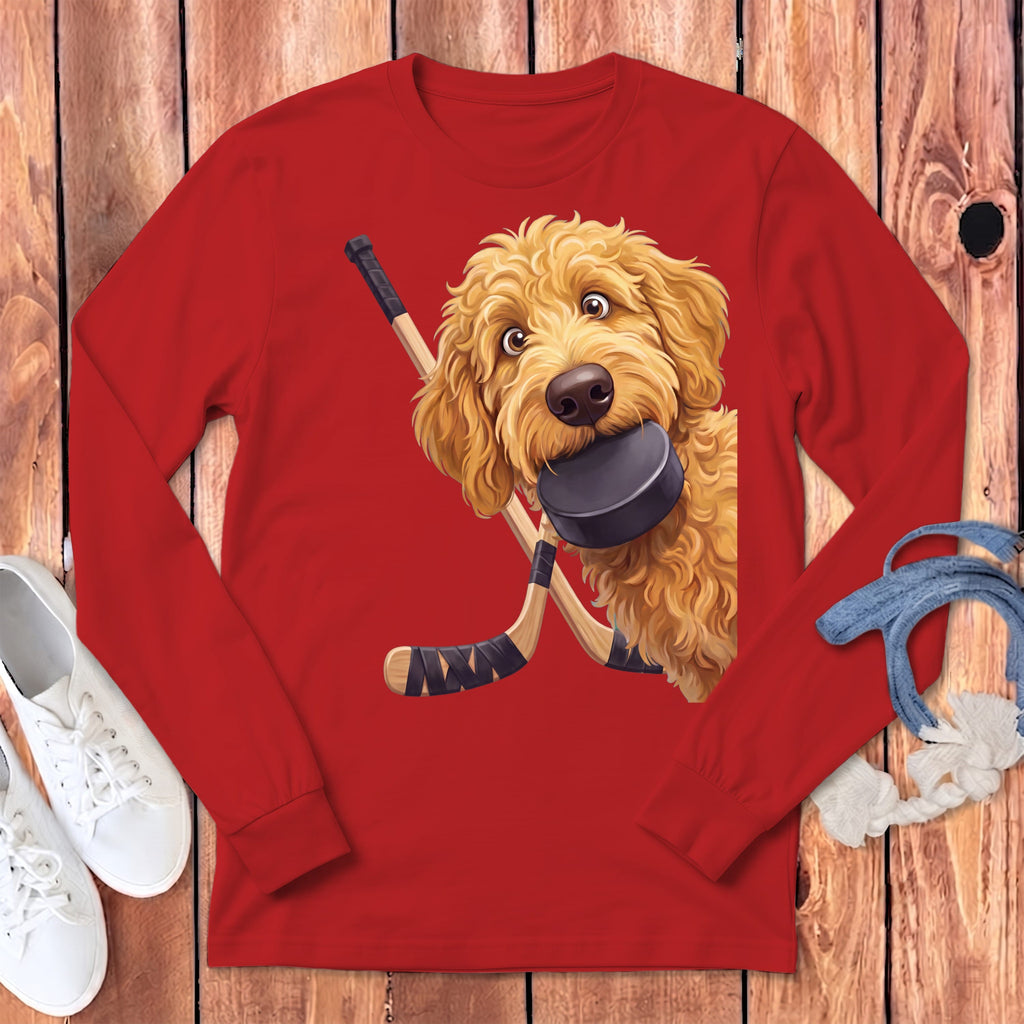 Golden Goldendoodle Hockey Long Sleeve T-Shirt in Red / S by Puppy Jo