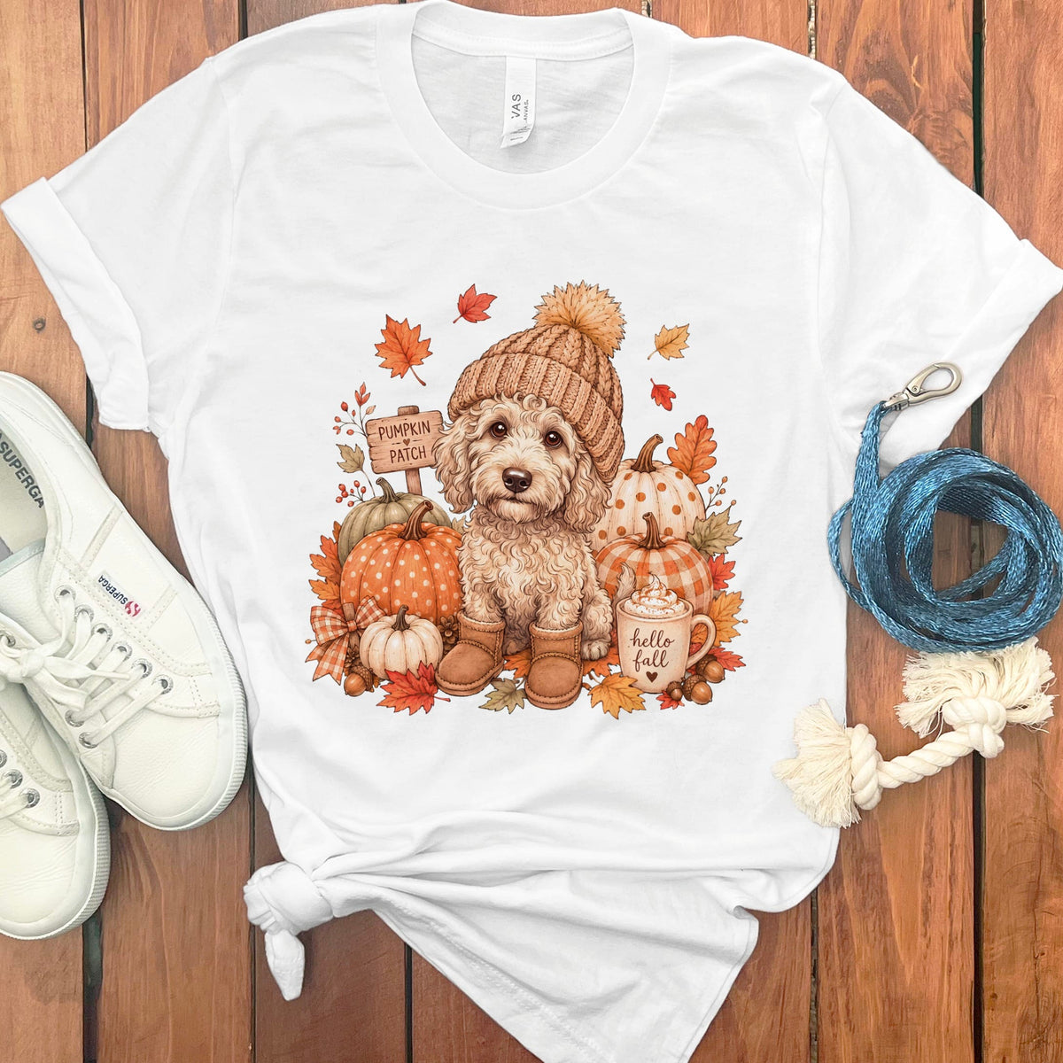 Cream Goldendoodle Pumpkin Patch T-Shirt in White / S by Puppy Jo