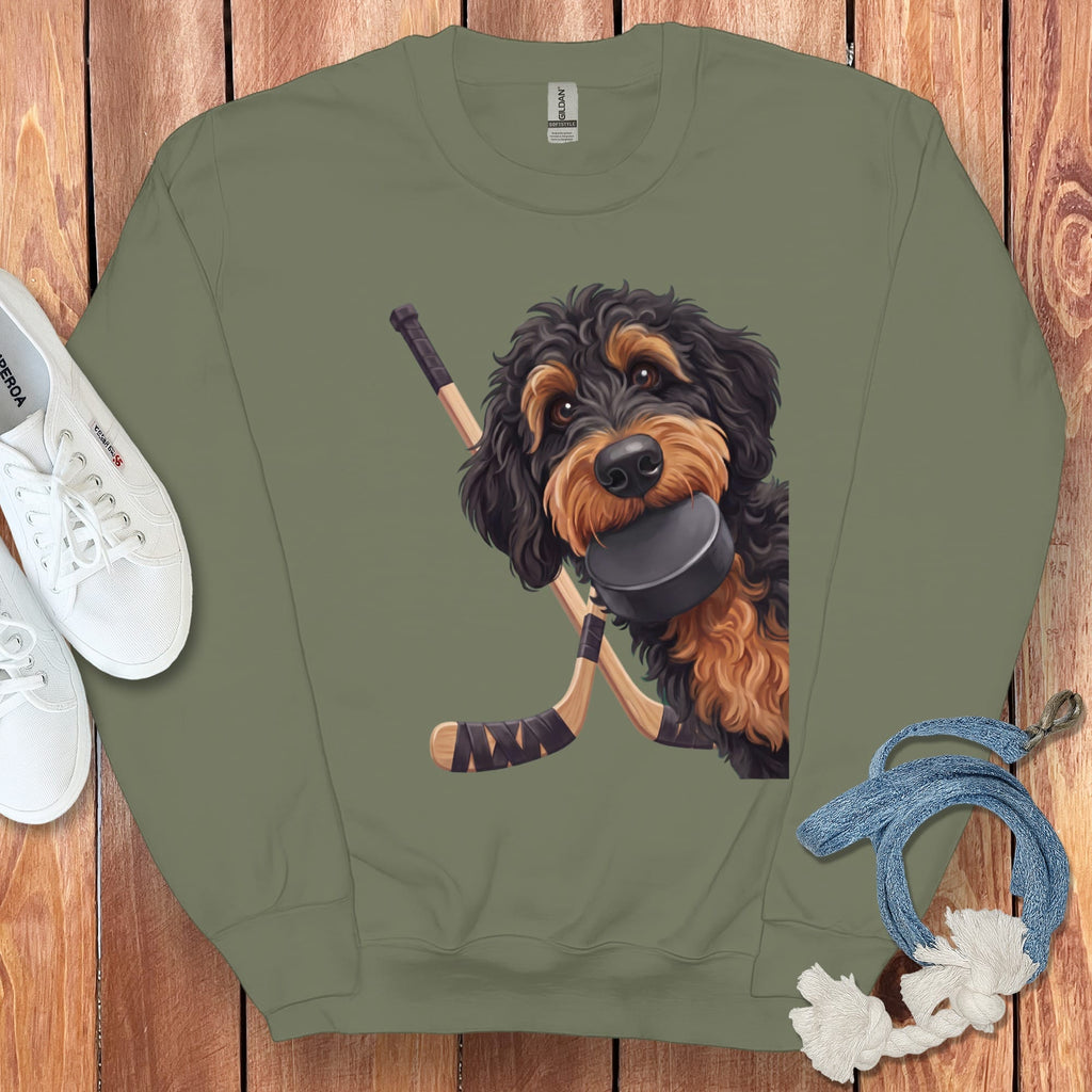 Phantom Goldendoodle Hockey Sweatshirt in Military Green / S by Puppy Jo