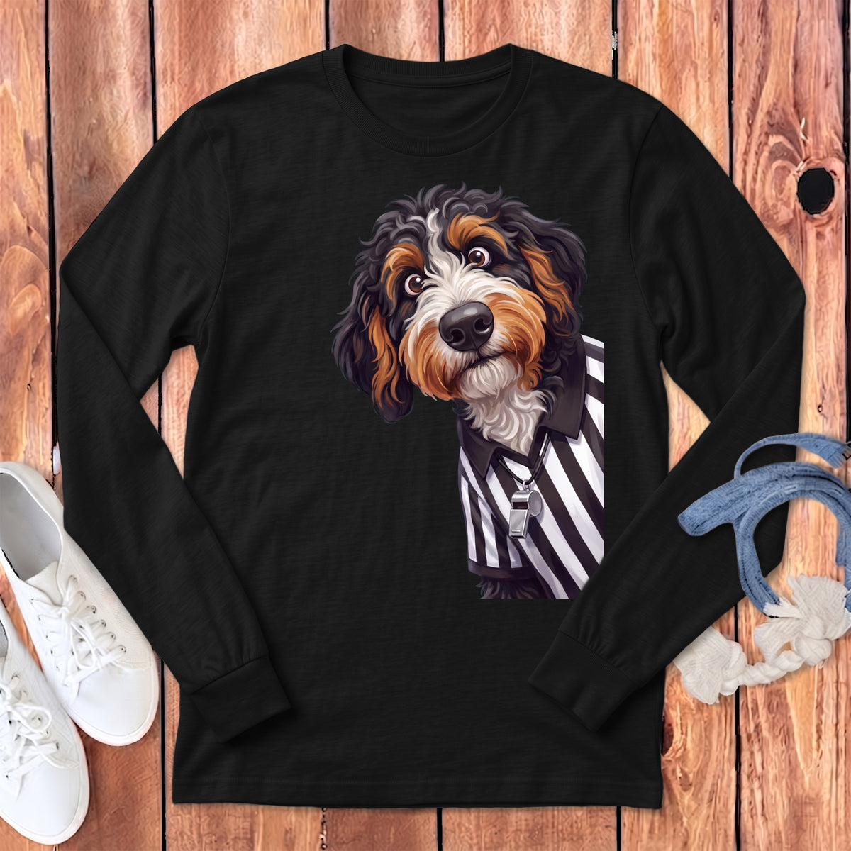 Bernese Mountain Dog in referee uniform with whistle on black long-sleeve shirt.