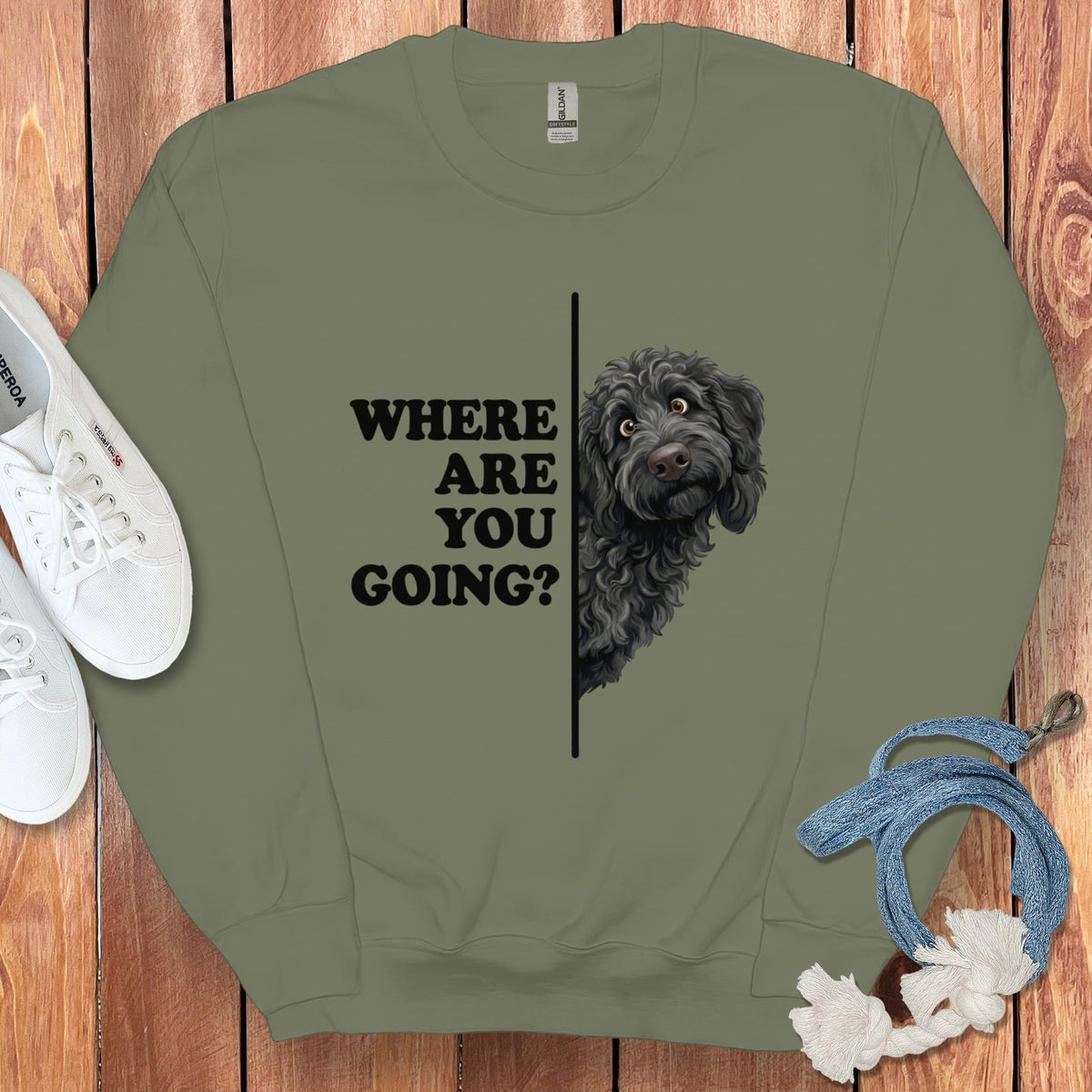 Where Going Black Goldendoodle Sweatshirt in Military Green / S by Puppy Jo