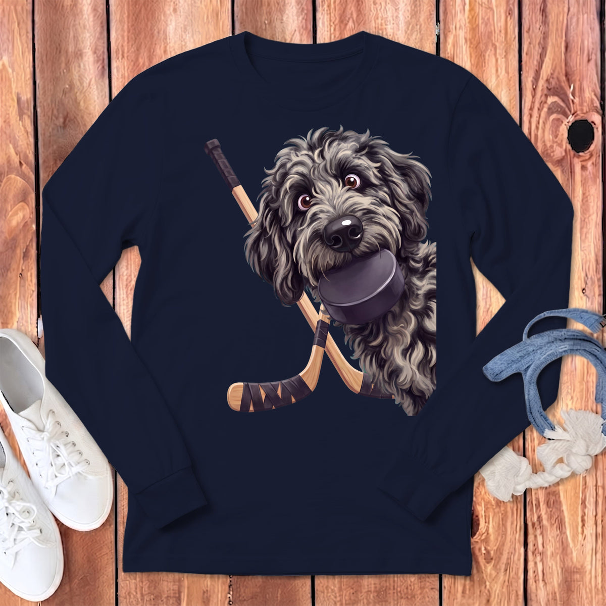 Merle Goldendoodle Hockey Long Sleeve T-Shirt in Navy / S by Puppy Jo