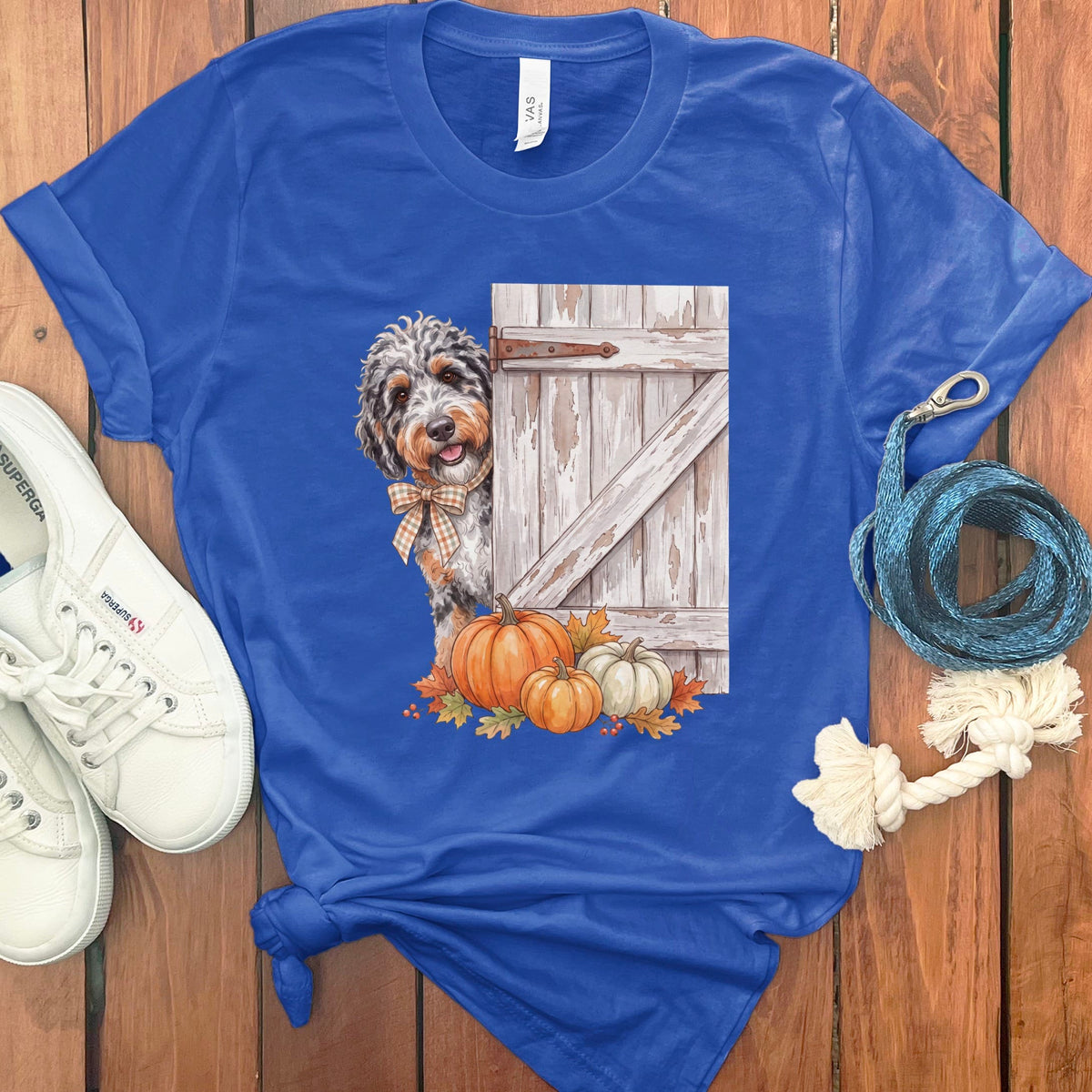 Aussiedoodle Barn Peeking T-Shirt in True Royal / S by Puppy Jo