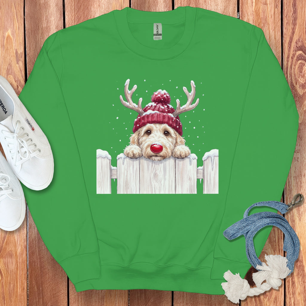 Green crewneck sweatshirt with a dog wearing reindeer antlers and a red hat.