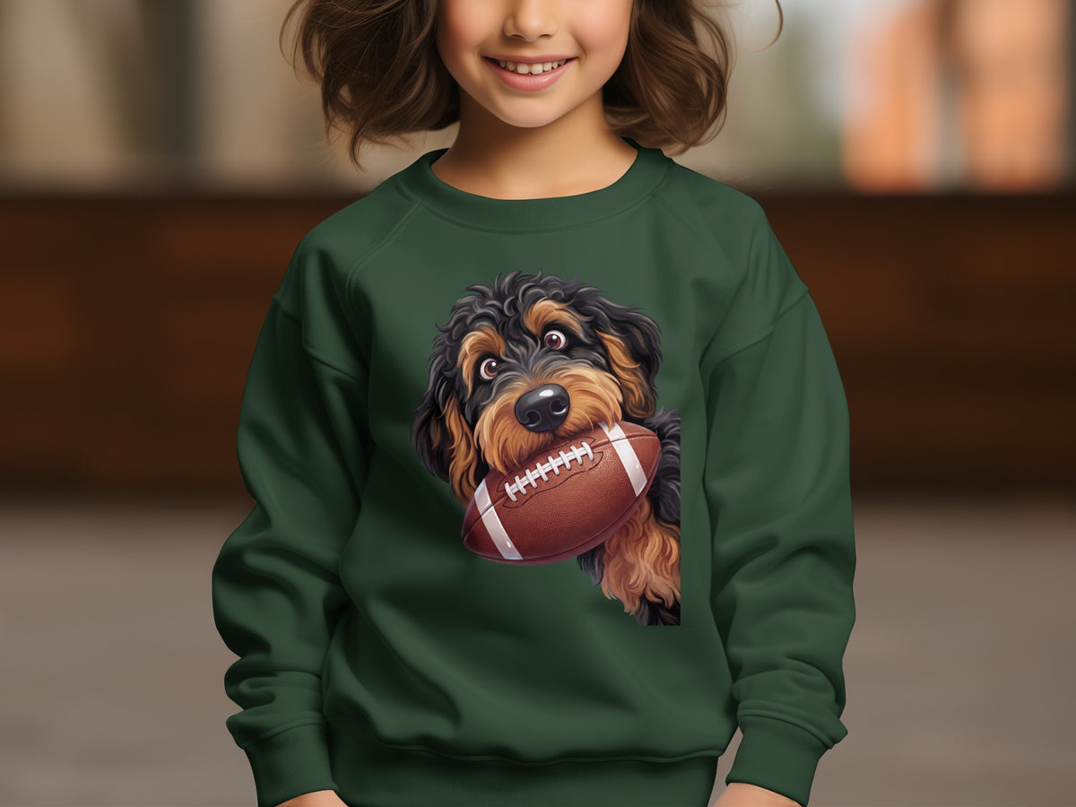Dark green sweatshirt with a doodle dog holding a football graphic.