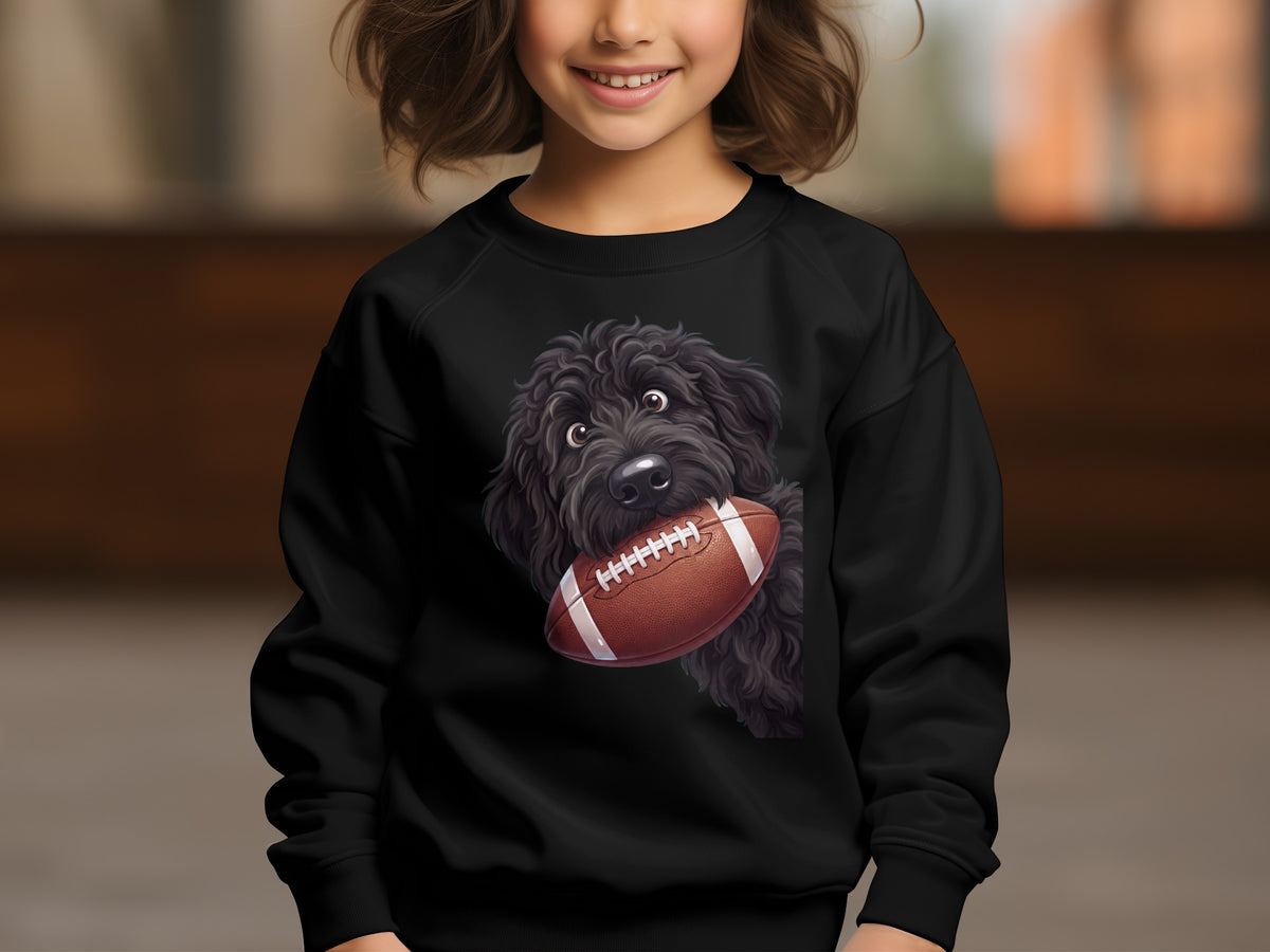 Black sweatshirt with a furry dog holding a football graphic on chest.