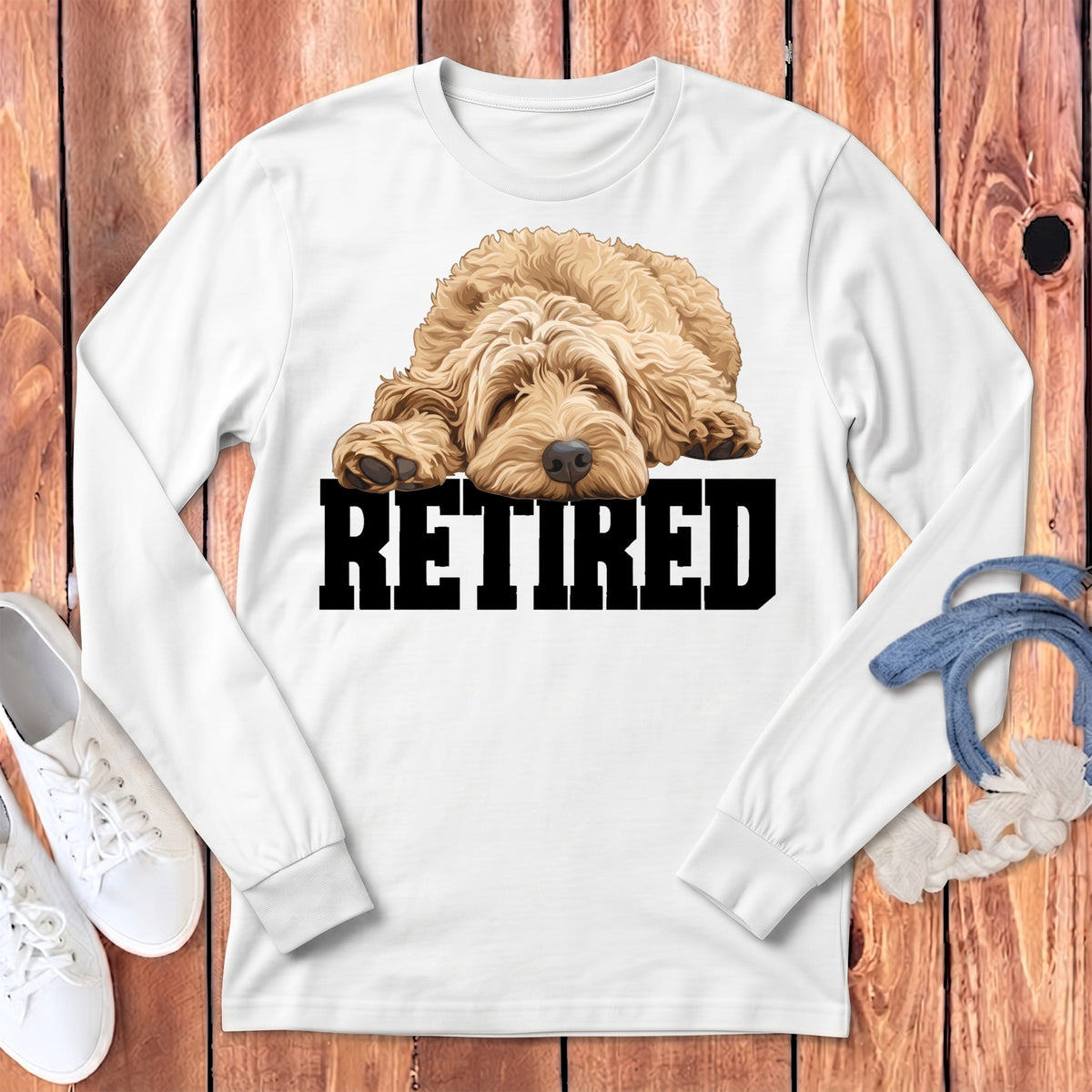 Retired Sleeping Golden Goldendoodle Long Sleeve T-Shirt in White / S by Puppy Jo