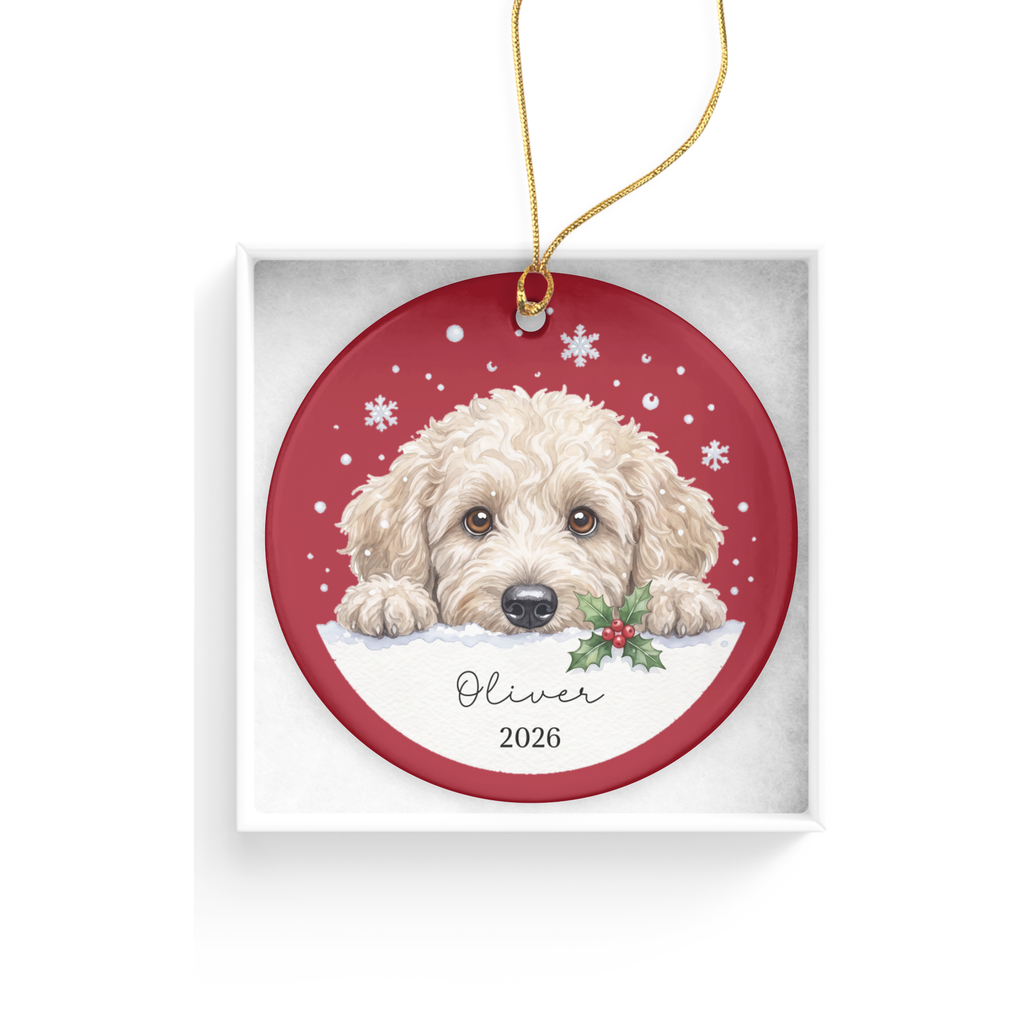 Peeking Snow Cream Goldendoodle Ornament