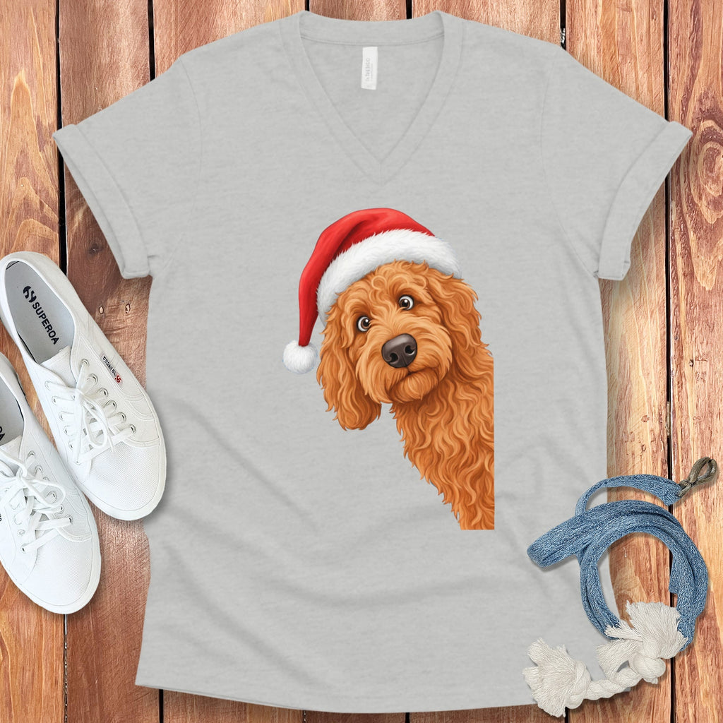 Apricot Goldendoodle Holiday Santa V-Neck T-Shirt in Athletic Heather / S by Puppy Jo