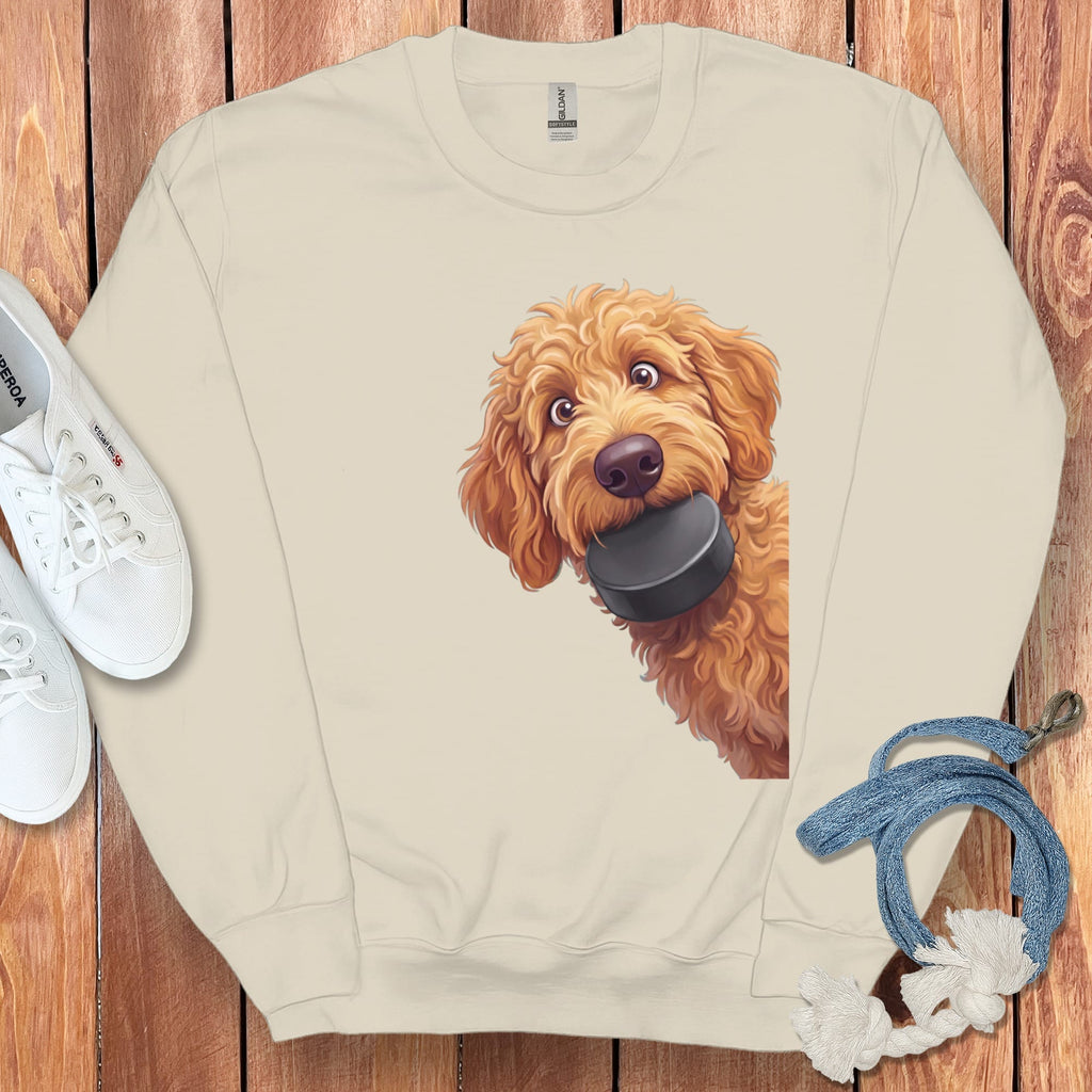 Apricot Goldendoodle Hockey Puck Sweatshirt in Sand / S by Puppy Jo