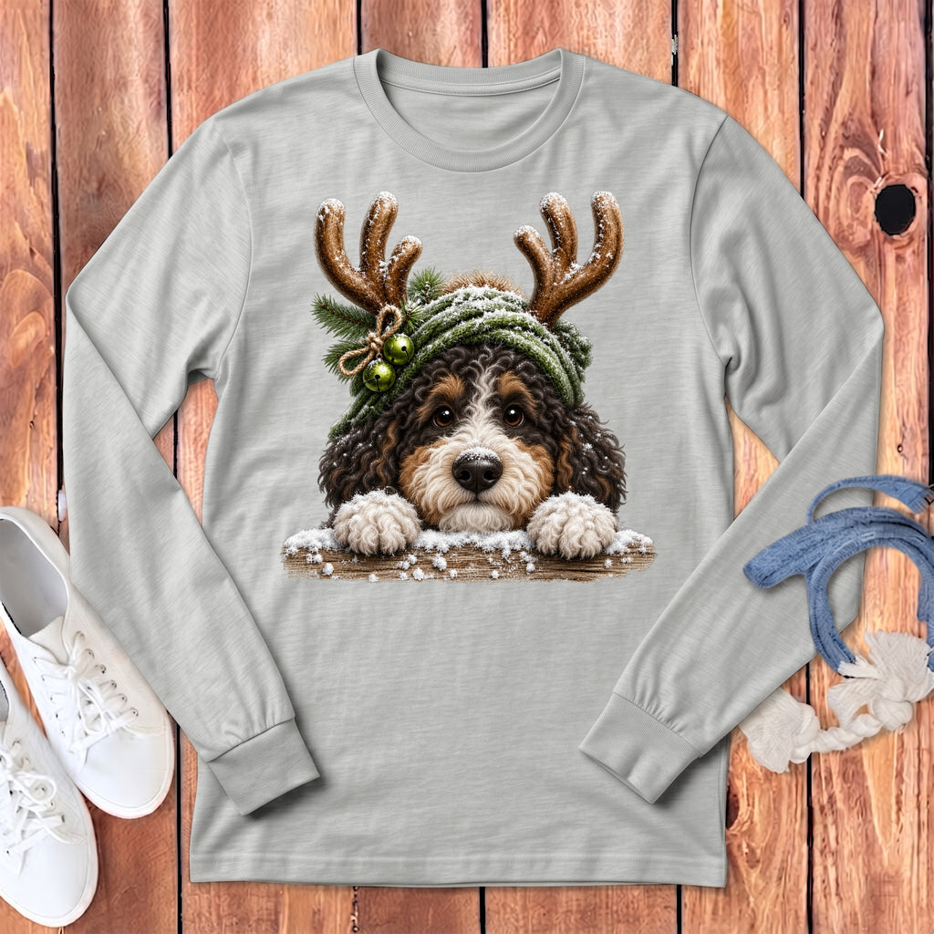 Bernedoodle dog wearing antlers and a Santa hat with festive accents on a long-sleeve shirt.