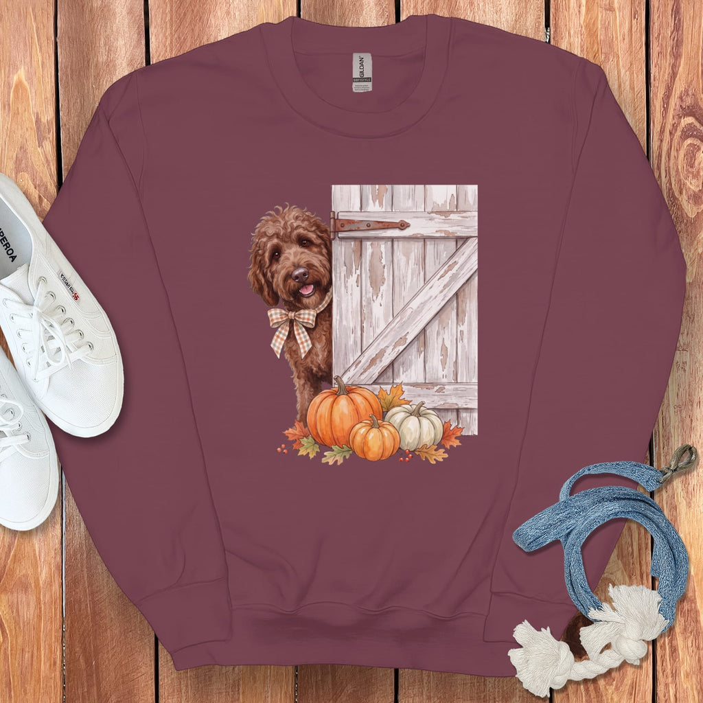 Chocolate Goldendoodle Barn Peeking Sweatshirt in Maroon / S by Puppy Jo