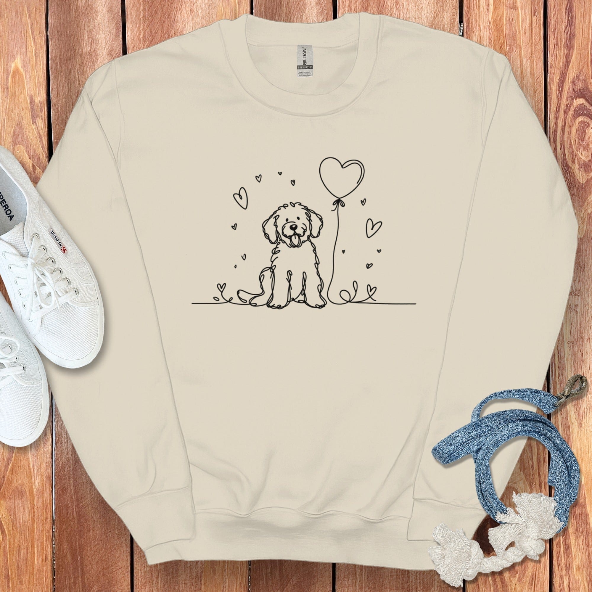Adorable Dog with Heart Balloon on Sweatshirt