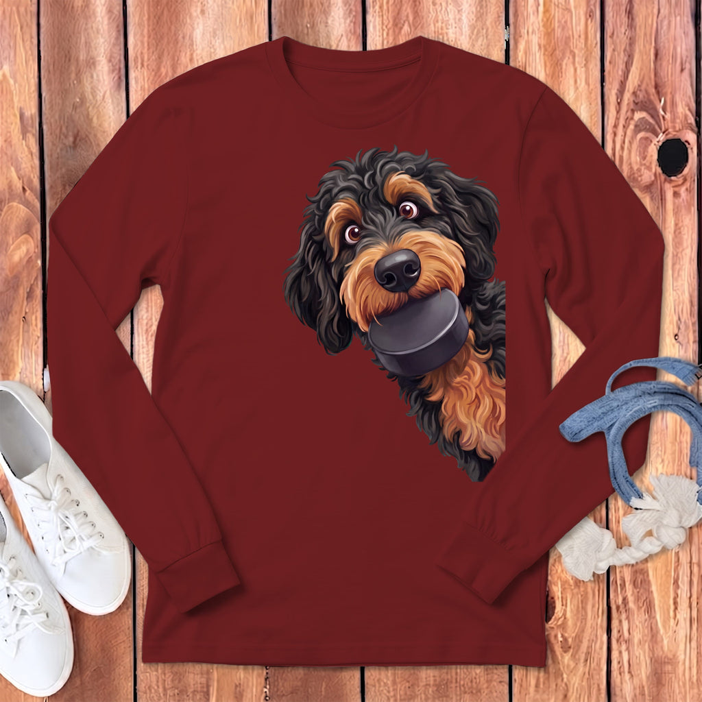 Phantom Goldendoodle Hockey Puck Long Sleeve T-Shirt in Cardinal / S by Puppy Jo