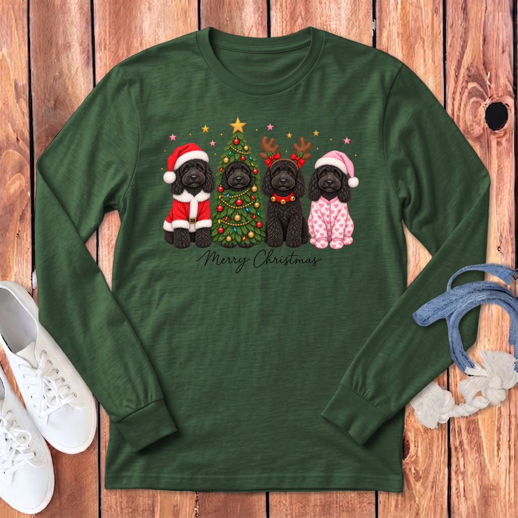 Dark green long-sleeve t-shirt with a graphic of four black dogs dressed for Christmas and the text Merry Christmas.