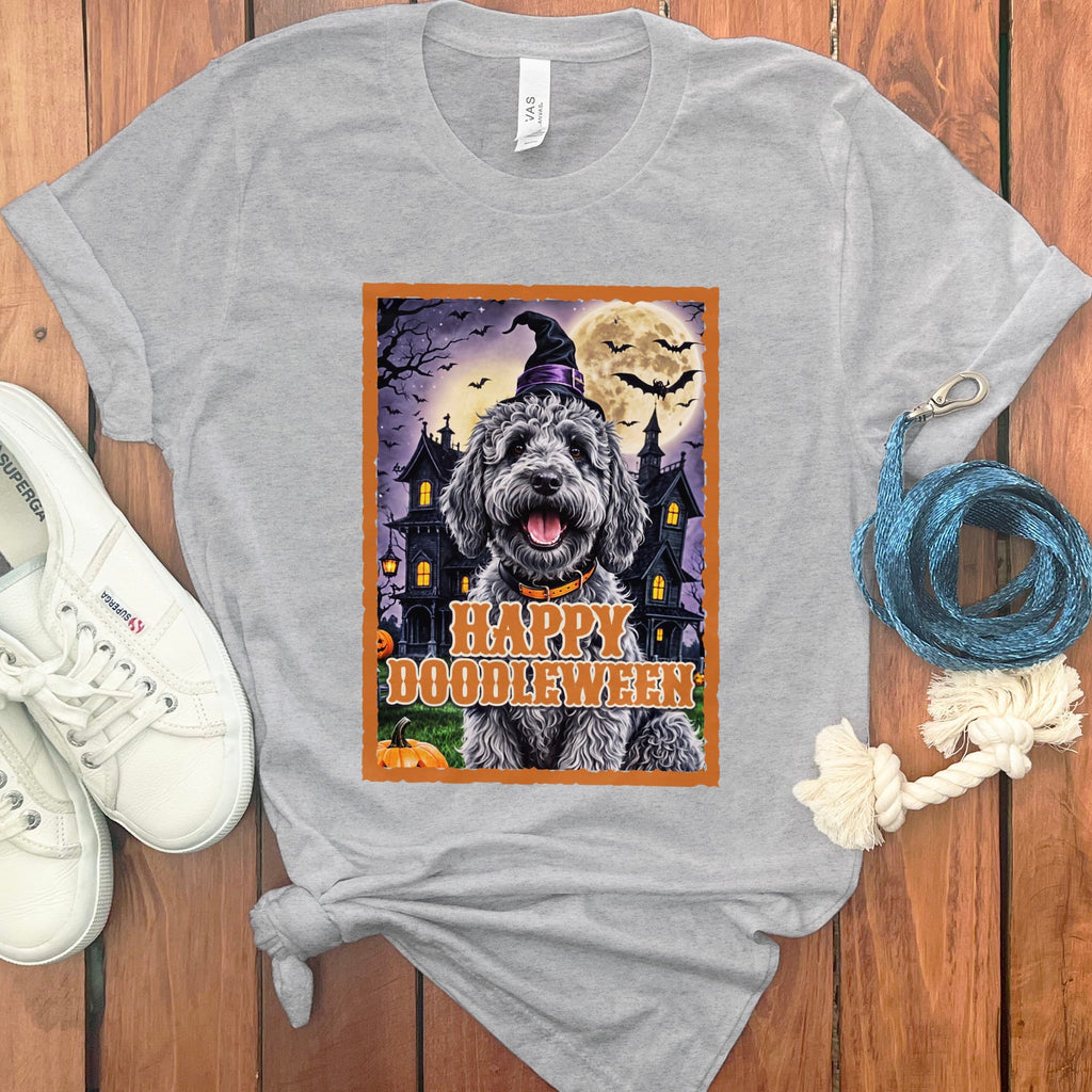 Merle Goldendoodle Happy Doodleween T-Shirt in Athletic Heather / M by Puppy Jo