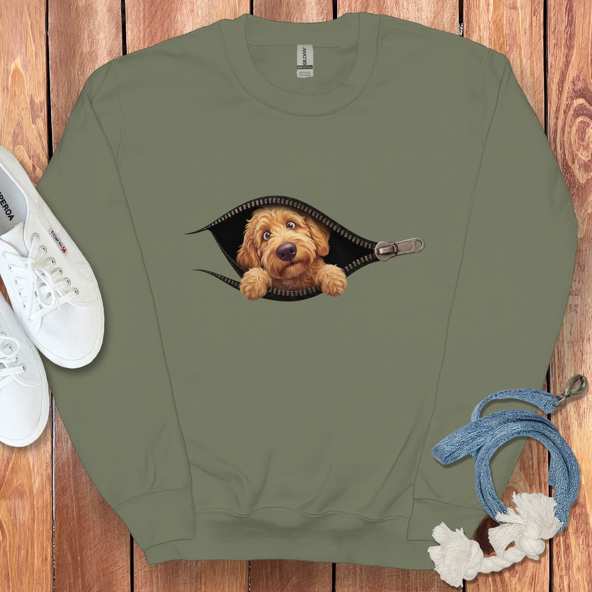 Apricot Goldendoodle Peeking Zipper Sweatshirt in Military Green / S by Puppy Jo