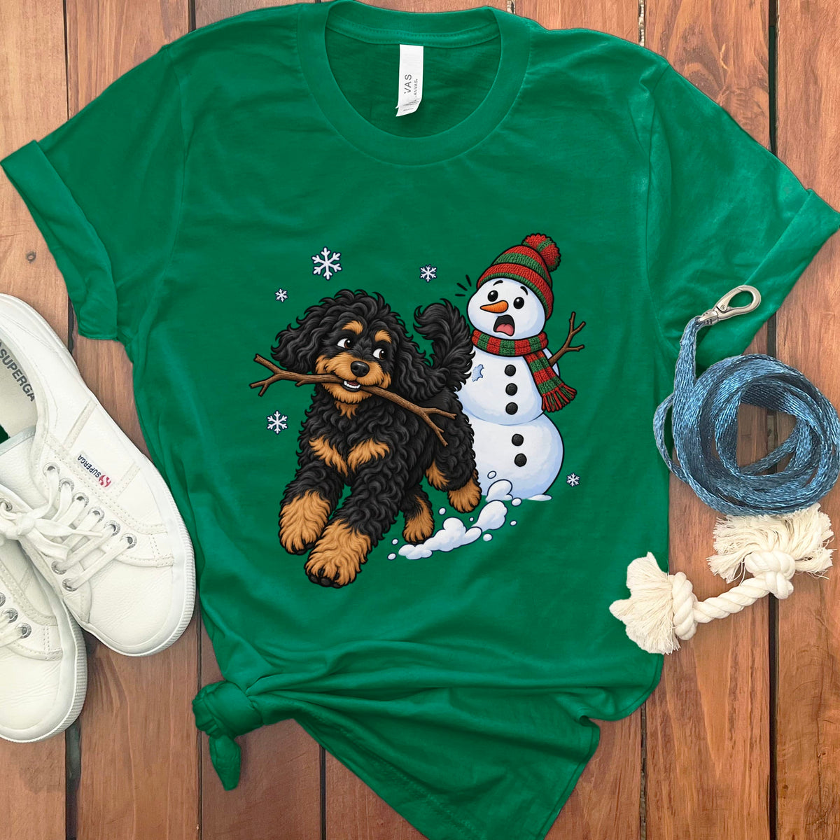 Phantom Goldendoodle Snowman T-Shirt in Kelly / S by Puppy Jo