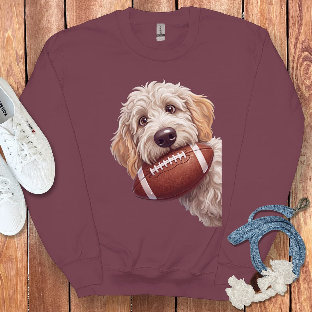 Maroon sweatshirt with a fluffy dog holding a football graphic.