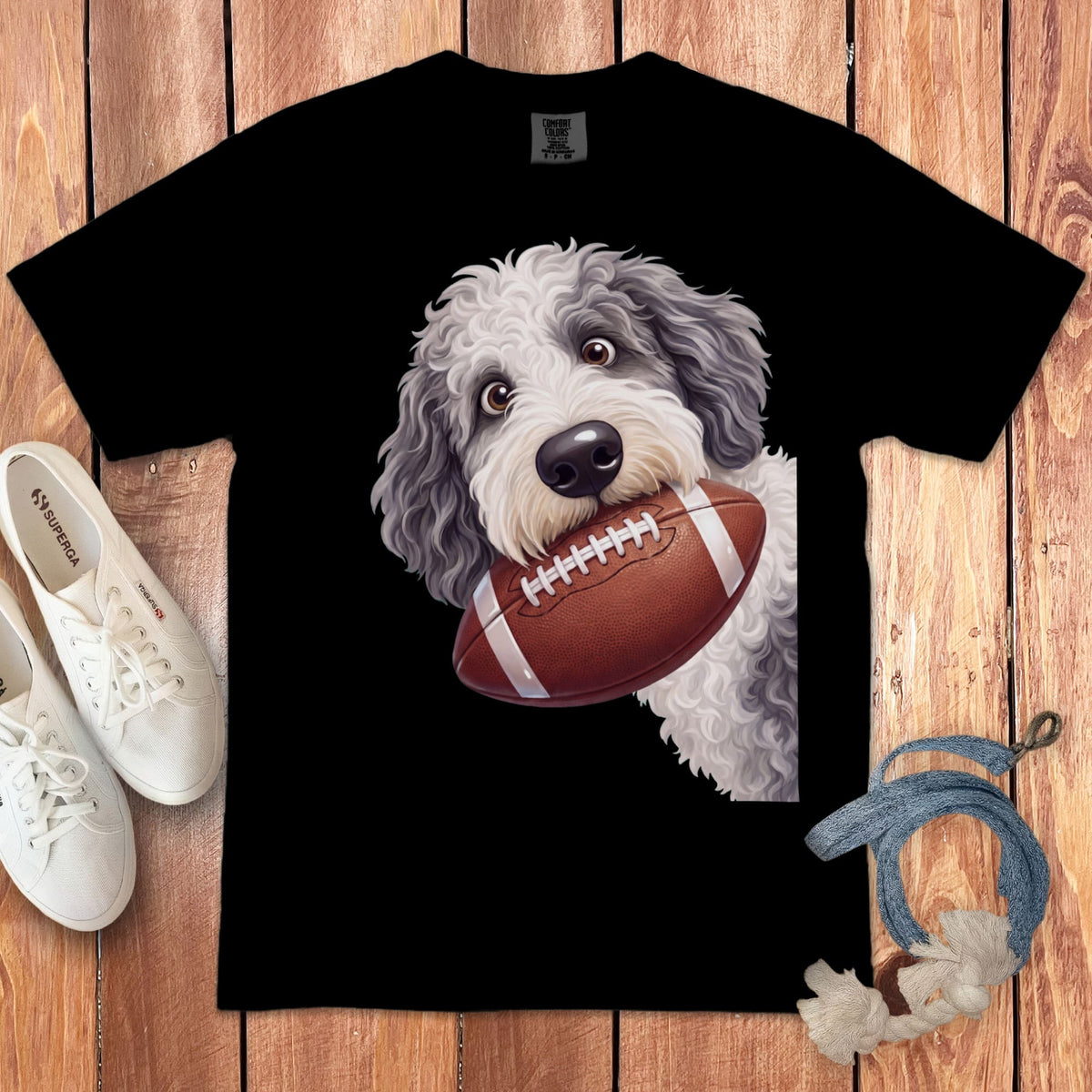 Sheepadoodle Football Signature T-Shirt in Black / S by Puppy Jo