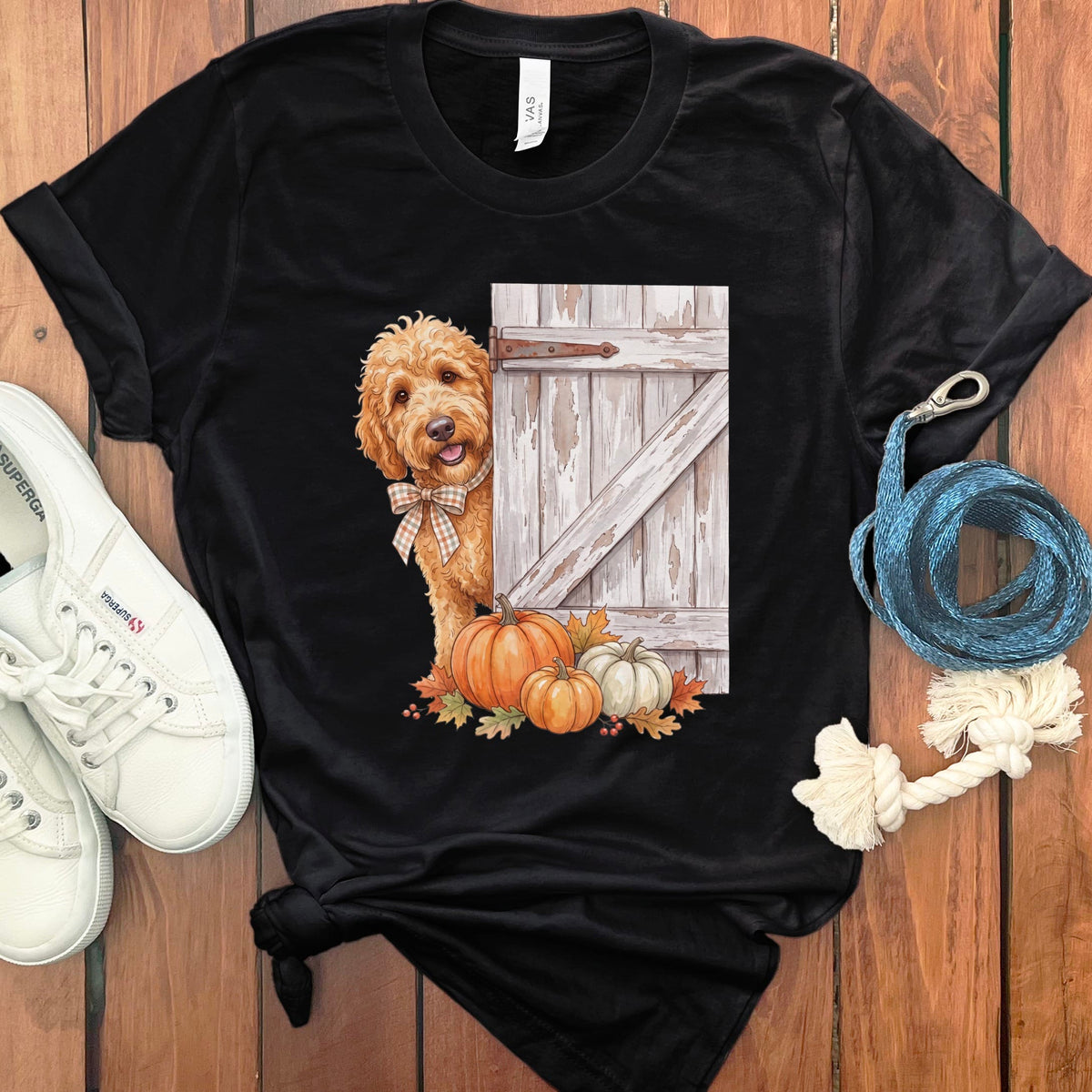 Golden Goldendoodle Barn Peeking T-Shirt in Black / S by Puppy Jo