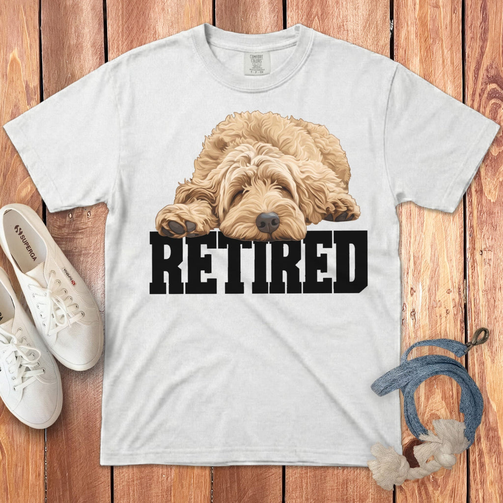 Retired Sleeping Golden Goldendoodle Signature T-Shirt in White / S by Puppy Jo