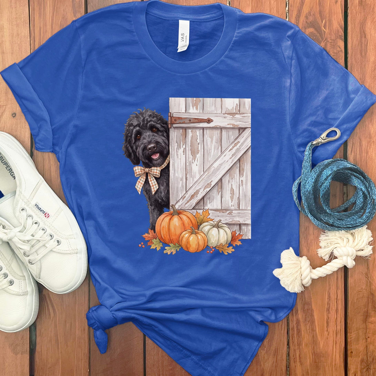 Black Goldendoodle Barn Peeking T-Shirt in True Royal / S by Puppy Jo
