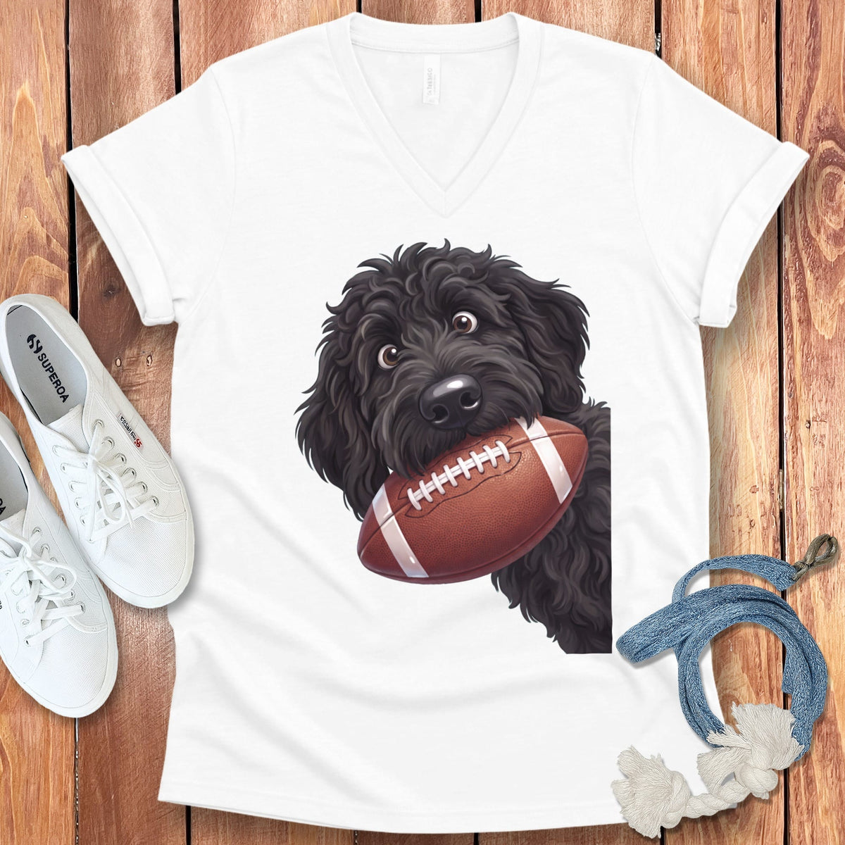 Black Goldendoodle Football V-Neck T-Shirt in White / S by Puppy Jo