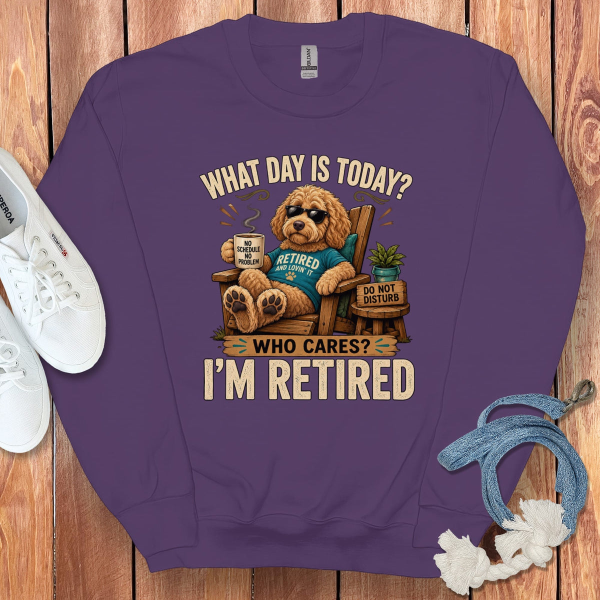 I'm Retired Apricot Goldendoodle Sweatshirt in Purple / S by Puppy Jo
