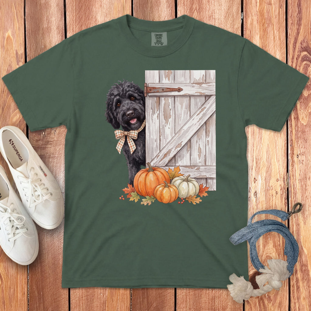 Dark green t-shirt featuring a graphic of a black poodle peeking out from behind a white wooden door with autumn pumpkins.