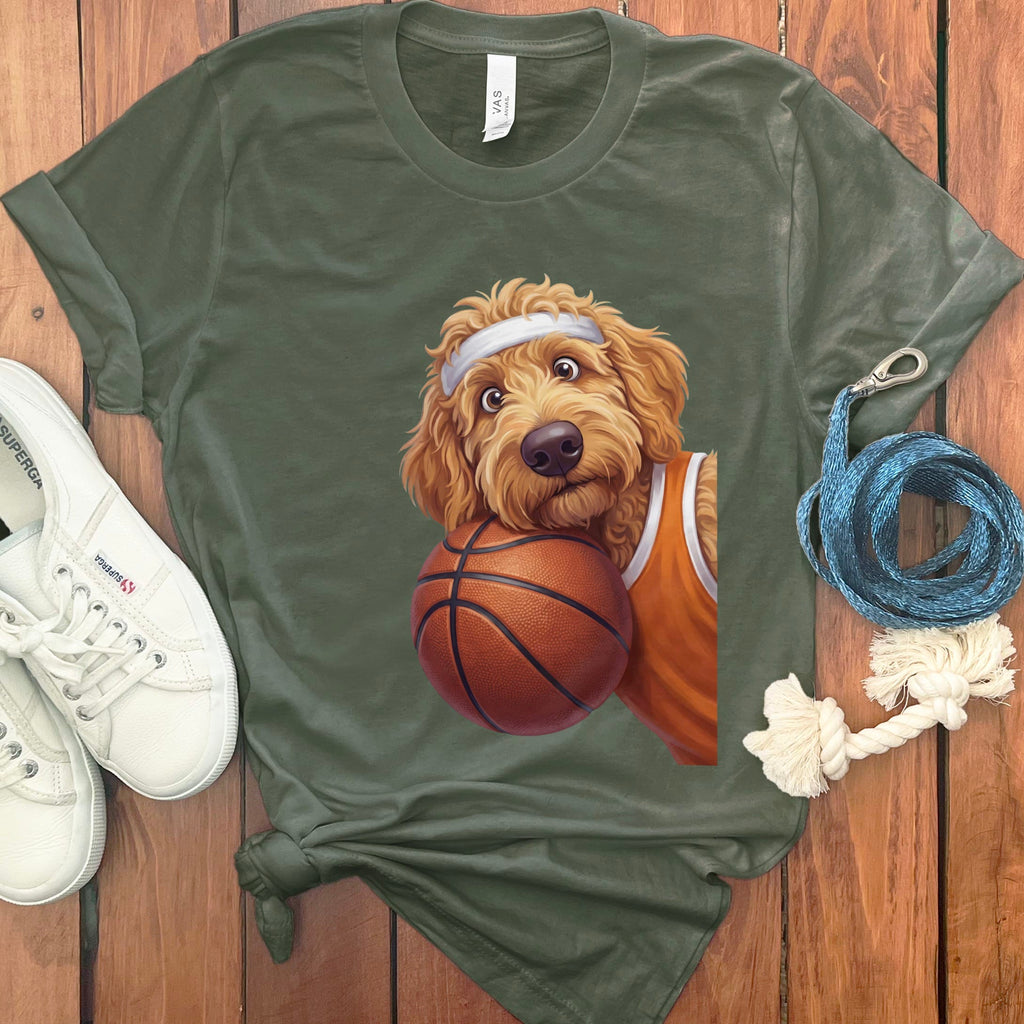 Apricot Goldendoodle Basketball Player T-Shirt in Military Green / S by Puppy Jo