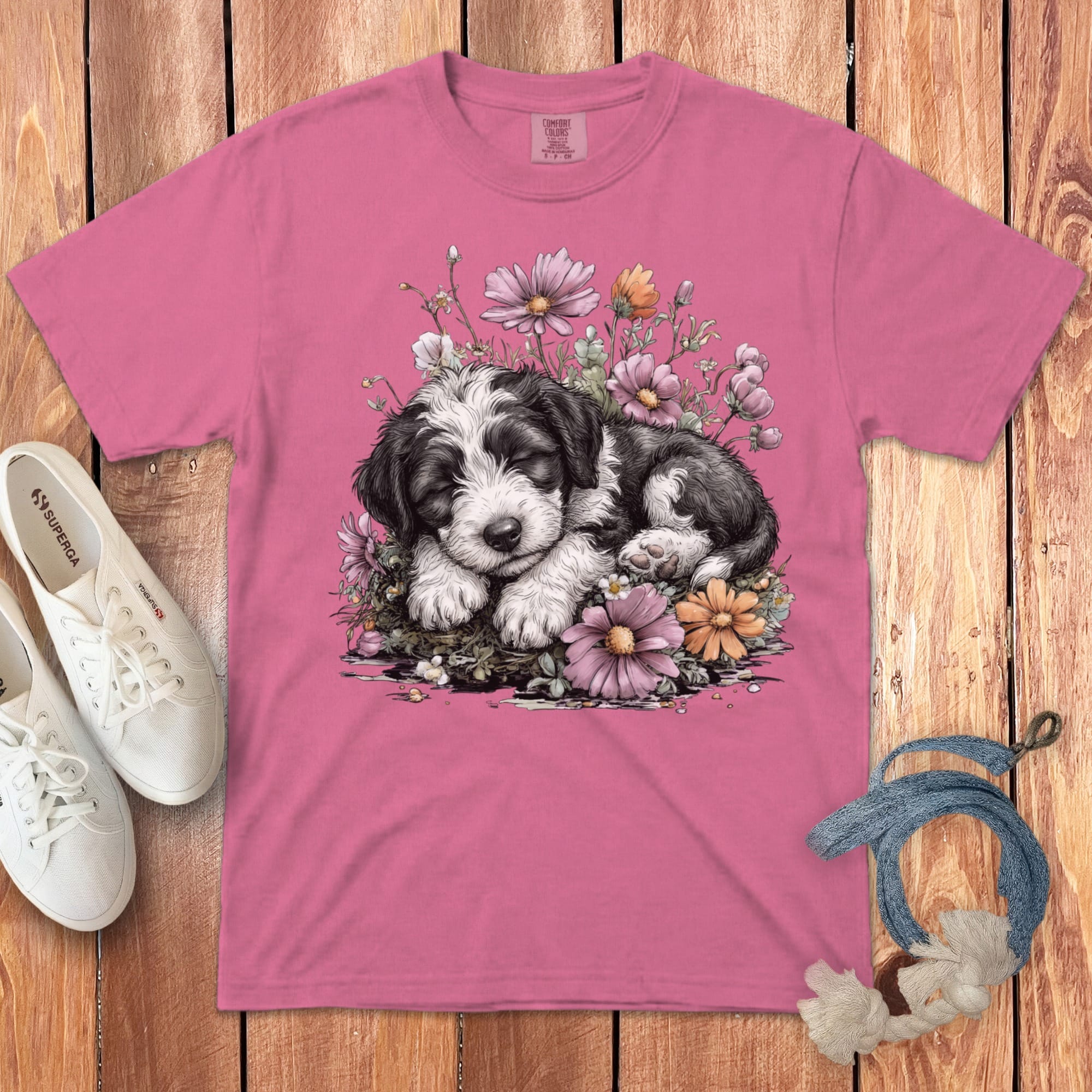 Pink t-shirt with a sleeping puppy and floral illustration.