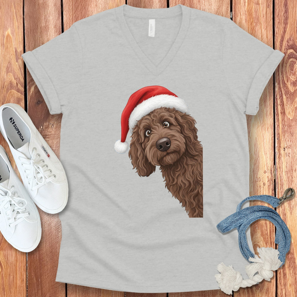Chocolate Goldendoodle Holiday Santa V-Neck T-Shirt in Athletic Heather / S by Puppy Jo