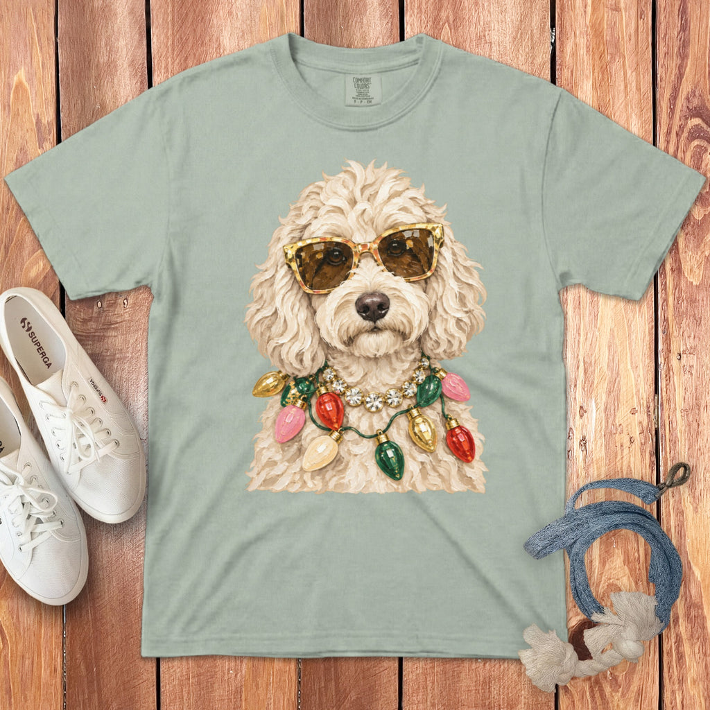 Light green t-shirt with a cream poodle wearing sunglasses and Christmas lights.