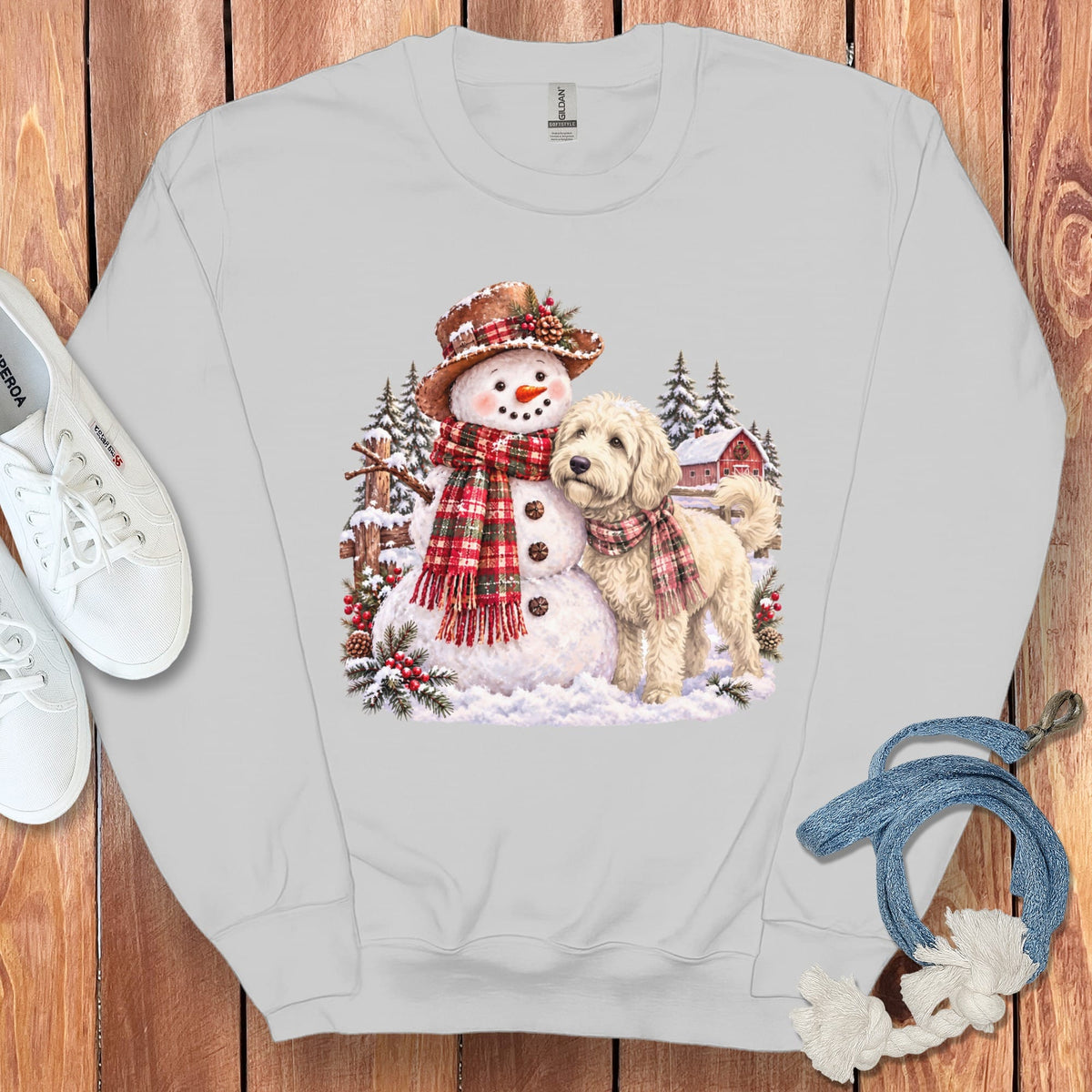 Cream Goldendoodle Christmas Snowman Sweatshirt in Sport Grey / S by Puppy Jo