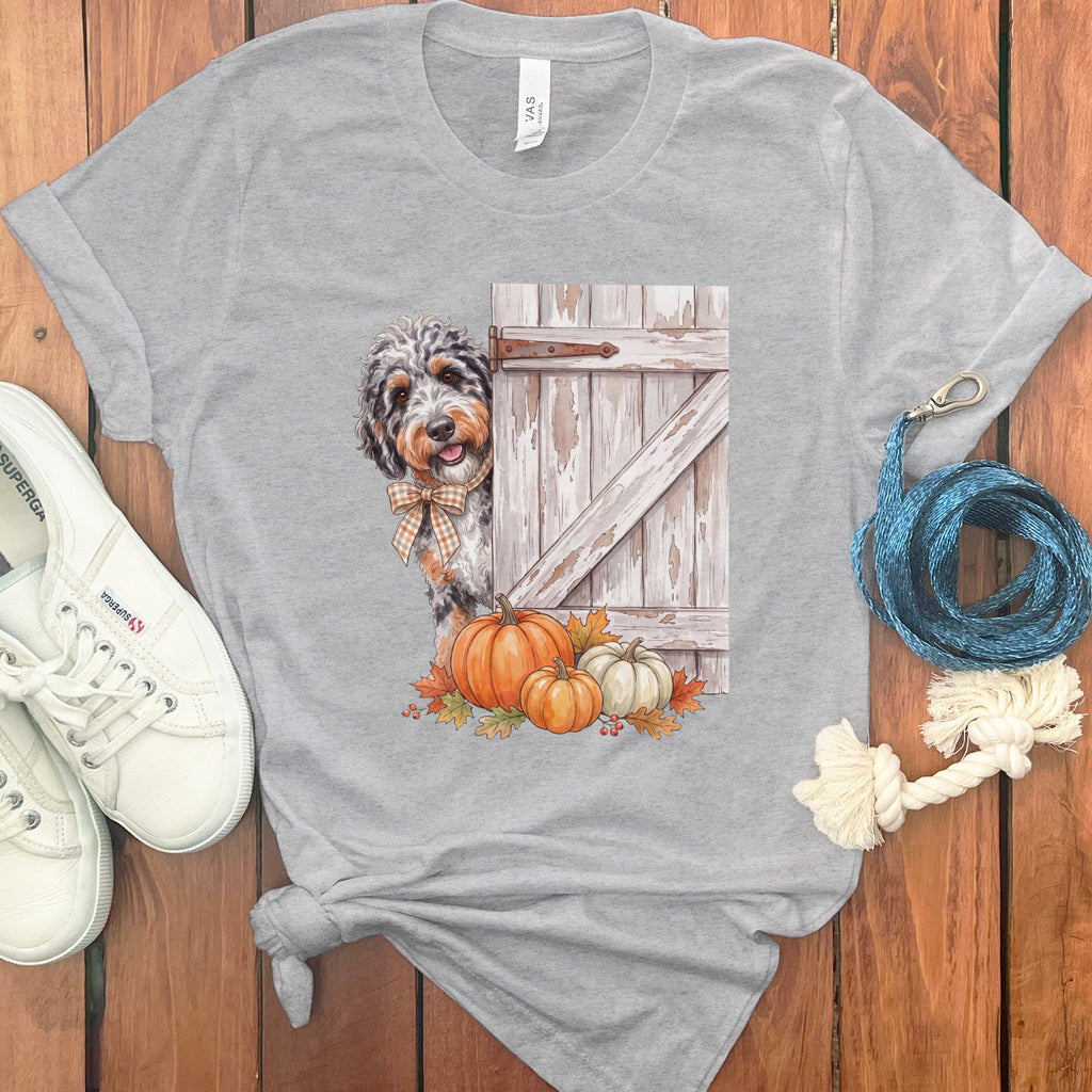 Aussiedoodle Barn Peeking T-Shirt in Athletic Heather / S by Puppy Jo