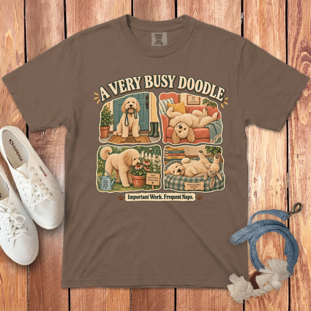 T-shirt graphic of a doodle dog with text "A Very Busy Doodle" and "Important Work. Frequent Naps."