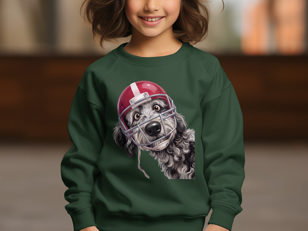Green sweatshirt with a poodle wearing a football helmet graphic.