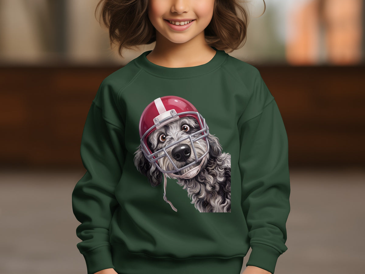 Green sweatshirt with a poodle wearing a football helmet graphic.