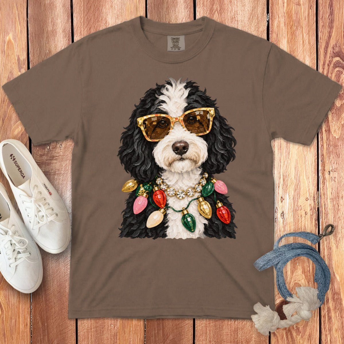 Bernedoodle wearing sunglasses and a Christmas light necklace on a brown t-shirt.